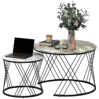 Set di 2 tavolini nidificati rotondi Ø 70/44,5 cm con piano effetto marmo e piedi in metallo, grigio e bianco