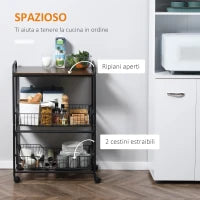 Carrello da Cucina Portavivande Stile Industriale con 4 Ruote, 2 Cestini e 4 Ganci, 60x38x85.5cm, Marrone Nero