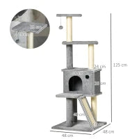 Albero Tiragraffi Multilivello con Casetta, Scala, Pallina e Pali in Sisal, 48x48x125 cm, Grigio