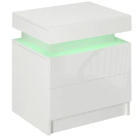 Comodino con luce LED RGB incorporata con 2 cassetti, 4 Modalità di luce e 16 colori, in Truciolato, 45x35x52cm, Bianco