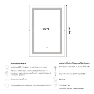 Specchio 5 mm rettangolare squadrato cornice led interruttore touch *** misure 70x90 cm, tonalità dimmerabile 2700-4...