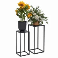 Tavolino Portapiante Set 2 Pezzi in Acciaio per Interni ed Esterni, 25x25x58.5 cm e 31x31x65 cm, Nero
