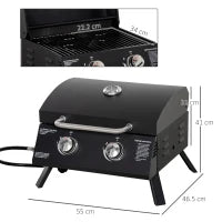 Barbecue a Gas Pieghevole con Coperchio, Termometro e 2 Bruciatori in Acciaio, 55x46.5x41 cm, Nero