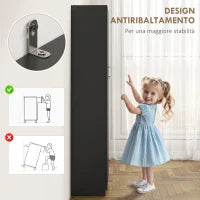 Mobile Contenitore Minimal con 2 Armadietti e Mensole Regolabili, in Legno Nero, 59x31x155 cm