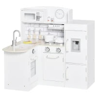 Cucina Giocattolo per Bambini in Legno con 14 Accessori, Forno, Lavandino, Frigo e Microonde, Età 3+ Anni, 86x64x84.5cm, Bianco e Argento
