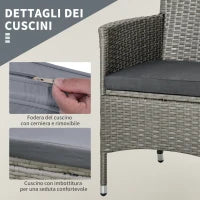 Set Giardino Esterno 3 Pezzi in Rattan PE e Acciaio, Set 2 Sedie con Cuscini Lavabili, Braccioli, Tavolino da Caffè con Piano in Vetro, Salotto da Giardino Balcone Patio Cortile, Grigio