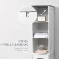 kleankin Armadietto Bagno con Scaffale a 3 Livelli, 1 Cassetto e 1 Mobiletto, 34x30x163cm