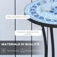 Tavolino da Giardino Rotondo in Metallo con Piano in Ceramica, Design a Mosaico, Ф35.5x53.5cm, Blu