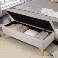 Panca Contenitore Fondo Letto con Tessuto Vellutato e Gambe Dorate, 120x44x44.5cm, Grigio Chiaro