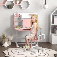 Set Scrivania e Sedia per Bambini Regolabili, Banco Scuola con Piano Inclinabile, Cassetto, Scaffale, Rosa