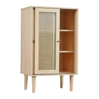 Credenza moderna in Legno con Ante Scorrevoli in Vetro e Rattan Sintetico a 6 ripiani Interni, color Quercia