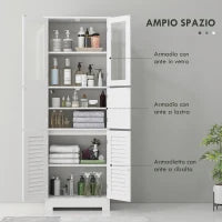 Mobile Colonna Bagno con 3 Armadietti e Ante in Vetro e a Persiana, 60x30x170.5cm, Bianco