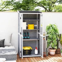 Casetta da Giardino in Legno con Ripiani Regolabili, Due Porte con Blocco e Finestre, Grigio
