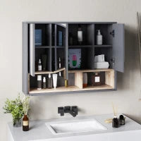 Specchiera Bagno a 3 Ante con Armadietto 8 Vani e Ante Ammortizzate, 80x20x60 cm, Grigio