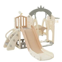 Set da gioco multifunzionale 5-in-1 per bambini con altalena, scivolo, scala da arrampicata, canestro da basket e telescopio, con box di stoccaggio integrato, 157×145,5×121 cm,Marrone + Bianco Antico