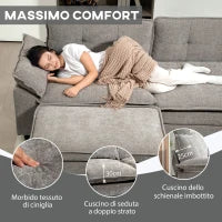 Divano Angolare Modulare con Chaise Longue, Pouf Contenitore e Rivestimento in Ciniglia, Grigio