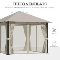 Gazebo da Giardino 3x3m in Alluminio e Acciaio con Prese d'Aria, Zanzariera e Tende, Cachi