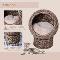 Pawhut Cuccia per Gatti Rialzata con Cuscino, Casetta Naturale con Foglie di Banana, Beige e Marrone, 40x37x51cm