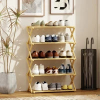 Scarpiera Pieghevole a 5 Livelli Pronto all'Uso, in Bambù, 60x29x88 cm, Legno Naturale