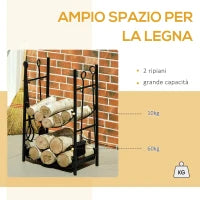 Portalegna da Interno ed Esterno in Metallo a 2 Ripiani, Porta Legna per Interni con Supporti Rimovibili, Paletta, Scopa, Attizzatoio e Pinza, 44.5x29.5x73 cm, Nero