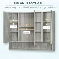 kleankin Armadietto con Specchio a 4 Sezioni con Ripiani Regolabili, in Legno e Vetro, 90x15x75 cm, Grigio