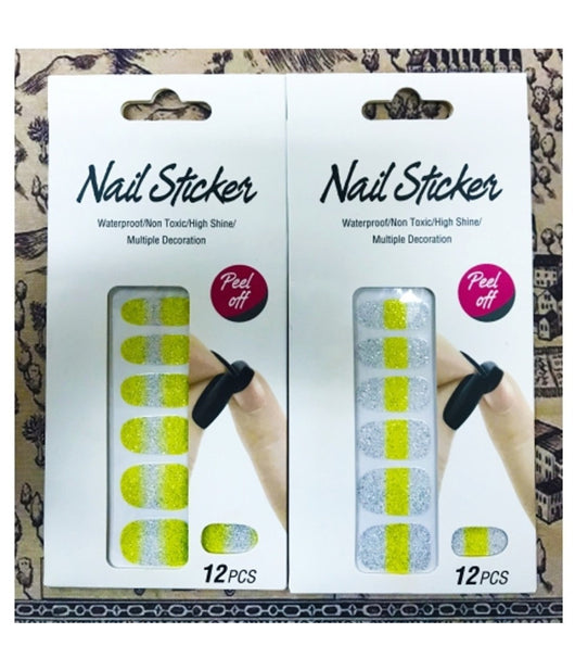 Nail Art Stickers Giallo Argento Glitter 12 Decorazioni Adesiva Peel Off Unghie         