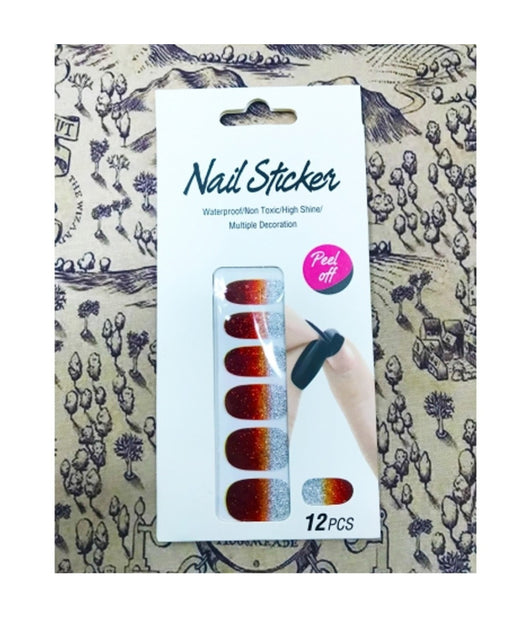 Nail Art Stickers Rosso Argento Glitter 12 Decorazioni Adesiva Peel Off Unghie         