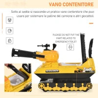Macchina Cavalcabile per Bambini con Cannone Spara Palline e Vano Contenitore, Carro Armato per Bambini 3+Anni, 68x24x41.5cm, Giallo