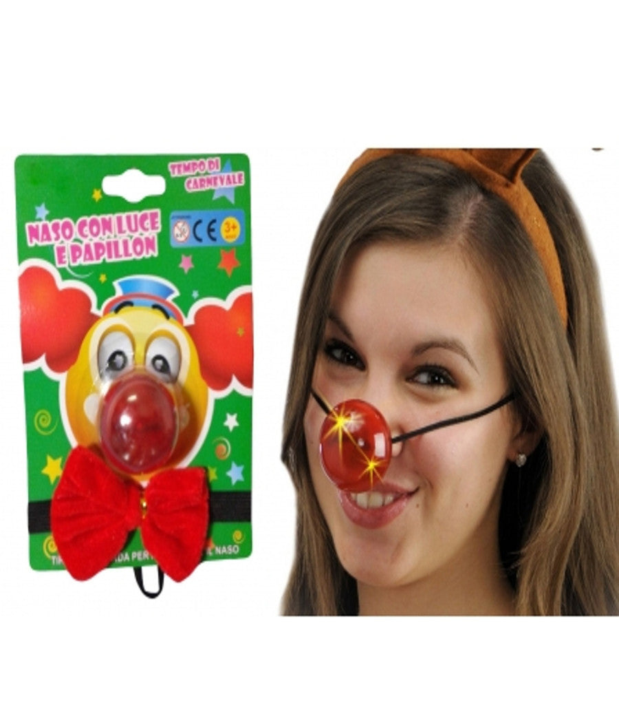 Naso Con Luce Led + Papillon Clown Pagliaccio Costume Cosplay Vestito Carnevale         