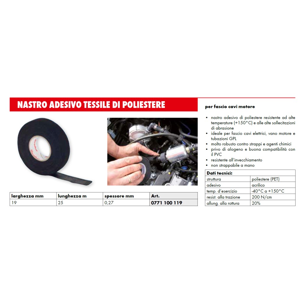 Nastro adesivo 19 mm x 25 mt in tessuto nero di poliestere per raggruppare e fissare fasci di cavi