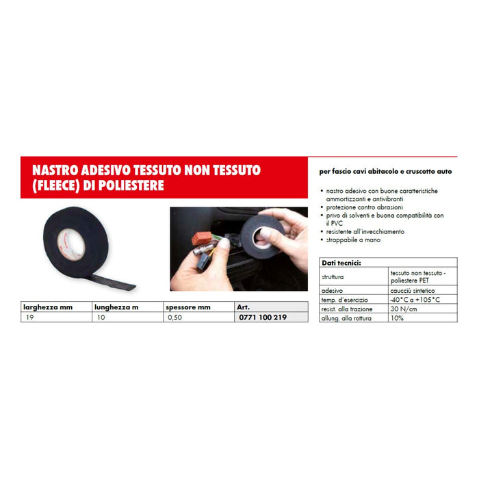 Nastro adesivo 19mm x 10 mt vellutato in tessuto di poliestere per raggruppare e fissare fasci di cavi