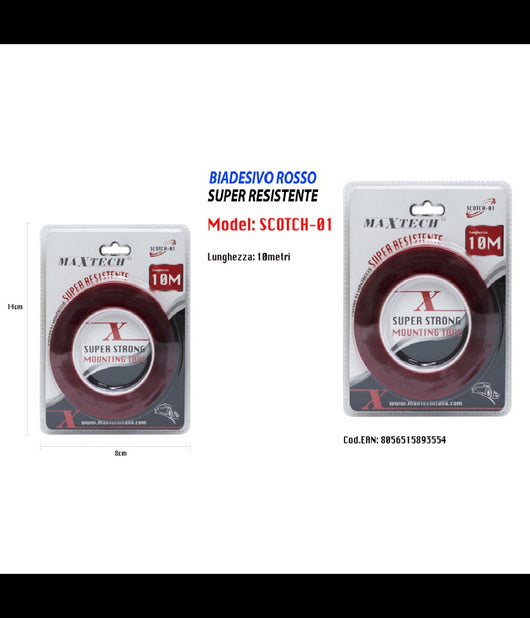 Nastro Biadesivo Rosso Super Resistente Adesivo 10mt Fissaggio Maxtech         