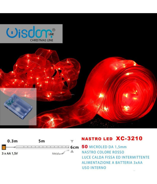 Nastro Luminoso Rosso 50microled Batteria Luce Calda Fissa+intermittente Xc-3210         