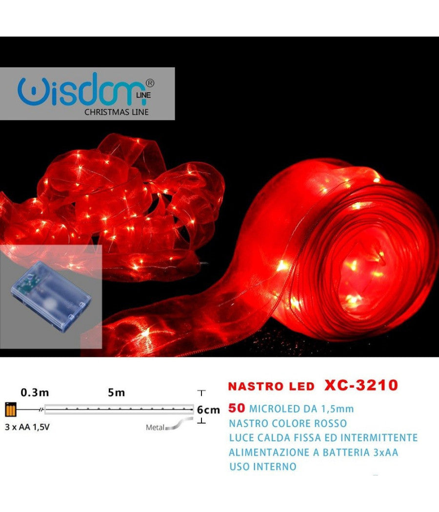 Nastro Luminoso Rosso 50microled Batteria Luce Calda Fissa+intermittente Xc-3210         