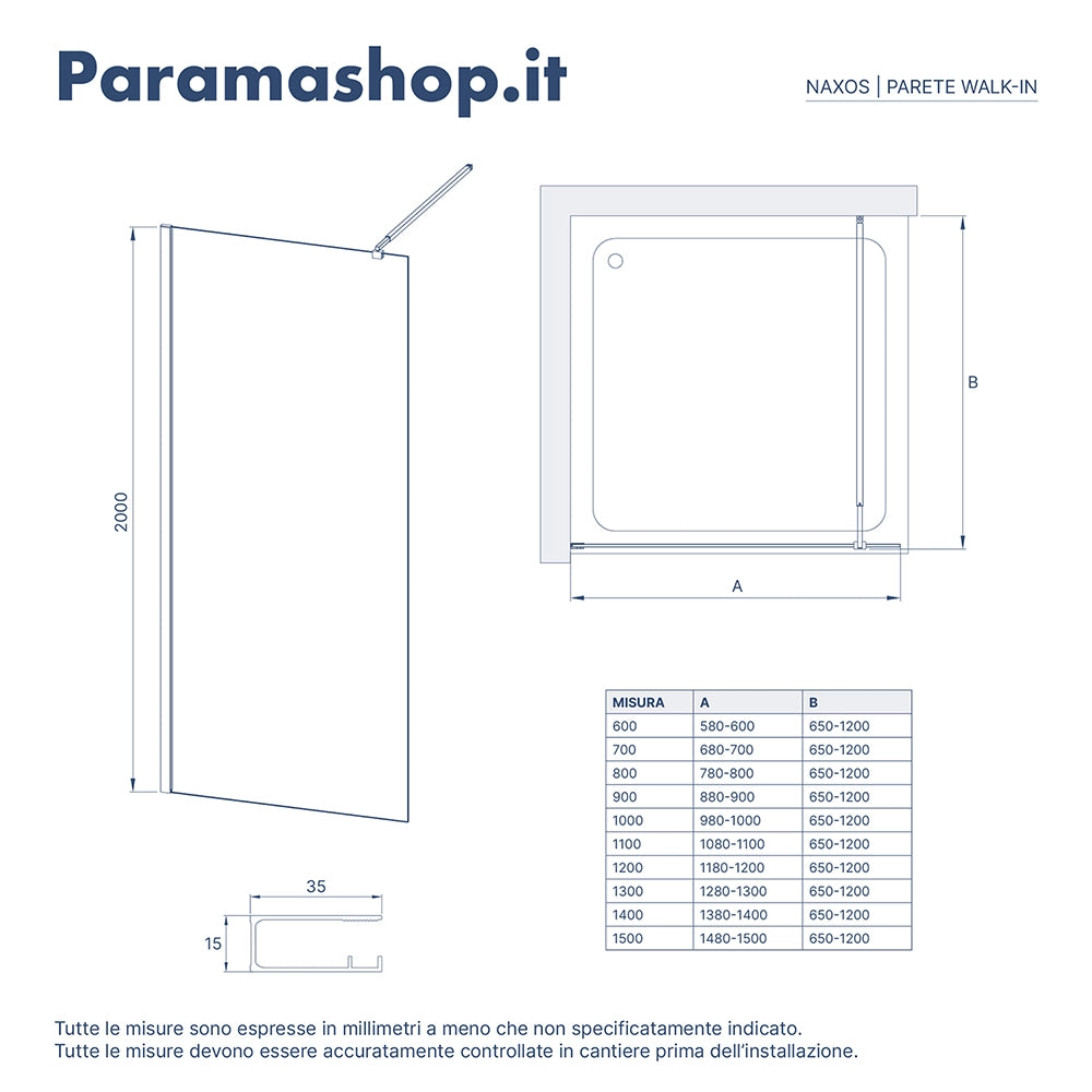 Doccia walk-in 70cm vetro temperato anticalcare 10mm opaco profili cromati | Naxos