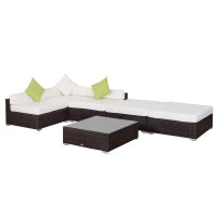 Set Giardino Esterno 6 Pezzi in Rattan PE, Salotto da Giardino con Divano Angolare e Pouf con Cuscini Lavabili, Marrone