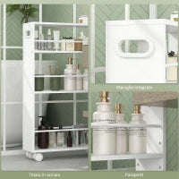 Carrello per Cucina e Bagno Salvaspazio a 3 Livelli con Barre Laterali e Ruote con Freni, 45x15x80 cm, Bianco