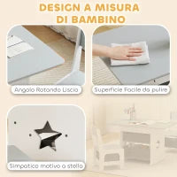 Set Tavolo e Sedie per Bambini 3-8 Anni con 6 Cassetti e Bordi Arrotondati, in Legno e Tessuto, Grigio e Bianco
