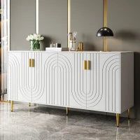 Credenza cucina design unico a onde con 4 ante e 2 cassetti, maniglie e piedi dorati, in MDF, 152×40×75 cm, Bianco