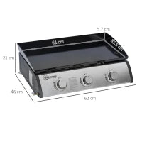 Piastra Barbecue a Gas Antiaderente da Tavolo con 3 Bruciatori da 3kW, 62x46x21cm, Nero