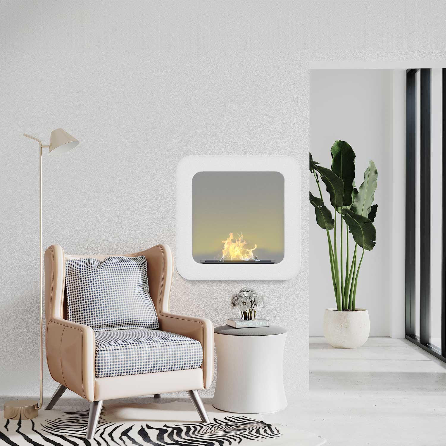 Nefertiti - Camino a bioetanolo da incasso o da appoggio freestanding, dimensioni 48x48 cm bianco