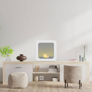 Nefertiti - Camino a bioetanolo da incasso o da appoggio freestanding, dimensioni 48x48 cm bianco