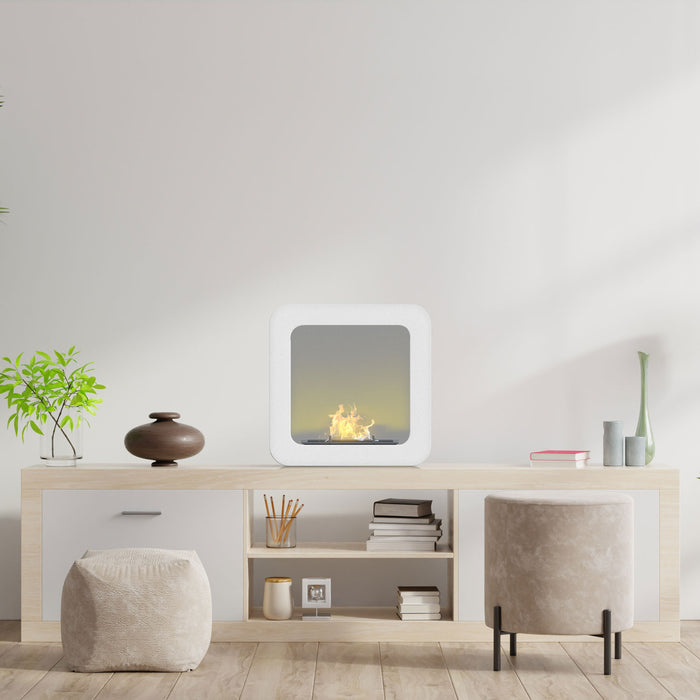 Nefertiti - Camino a bioetanolo da incasso o da appoggio freestanding, dimensioni 48x48 cm bianco