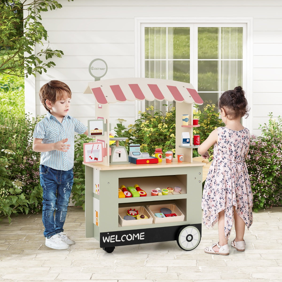 Carrello alimenti per bambini con pos bilancia mensole e ripiani, Supermercato giocattolo con 3 ruote Verde chiaro-Case e cucine giocattoli