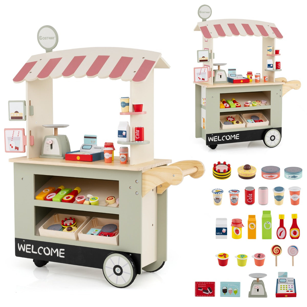 Carrello alimenti per bambini con pos bilancia mensole e ripiani, Supermercato giocattolo con 3 ruote Verde chiaro-Case e cucine giocattoli