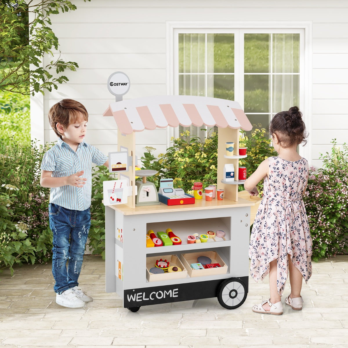 Carrello alimenti per bambini con pos bilancia mensole e ripiani, Supermercato giocattolo con 3 ruote Grigio chiaro-Case e cucine giocattoli