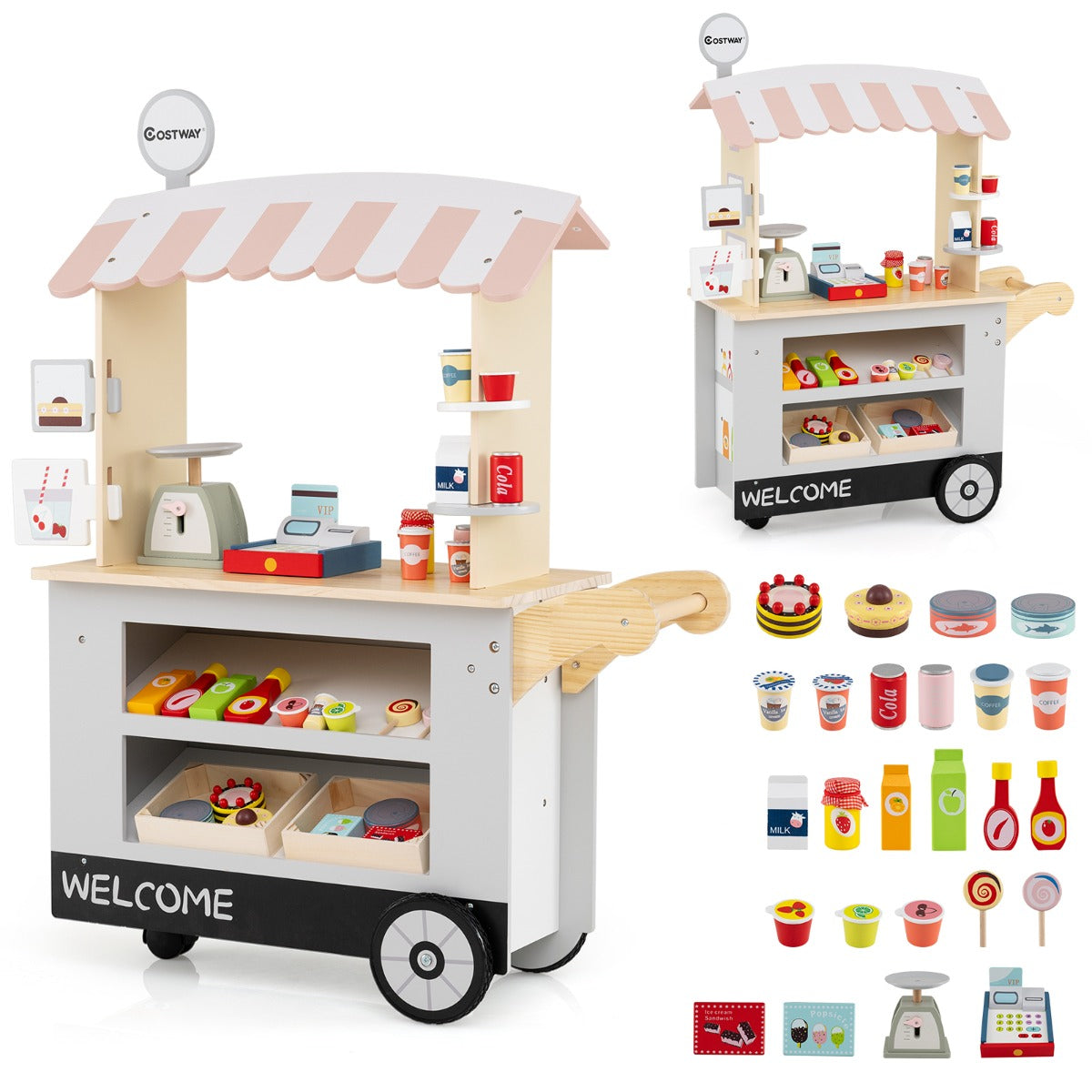 Carrello alimenti per bambini con pos bilancia mensole e ripiani, Supermercato giocattolo con 3 ruote Grigio chiaro-Case e cucine giocattoli