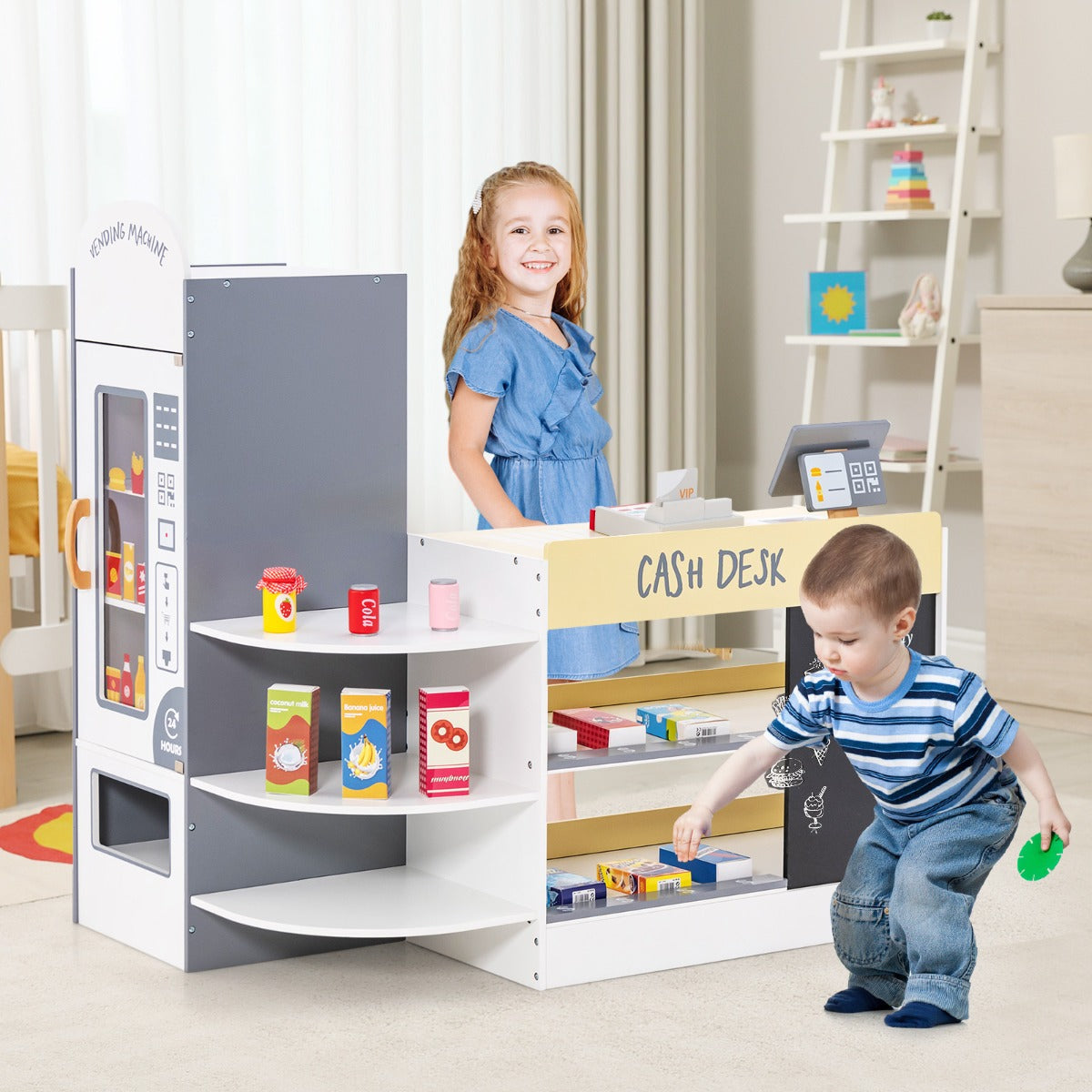 Negozio alimentare per bambini con cassa macchina pos distributore automatico, Set di giocattoli supermercato Bianco-Case e cucine giocattoli