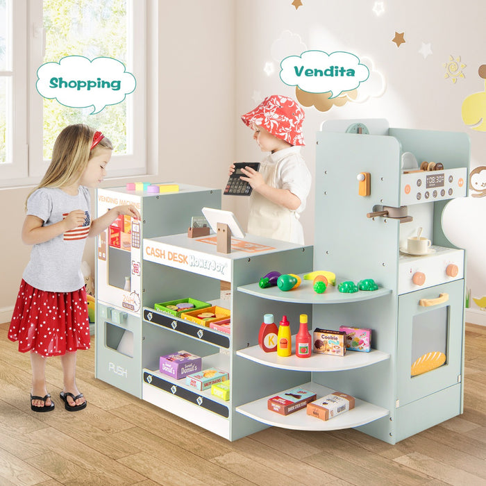 Negozio di alimentari giocattolo con macchina distributrice, Supermercato in legno con scaffali espositivi per bambini-Case e cucine giocattoli