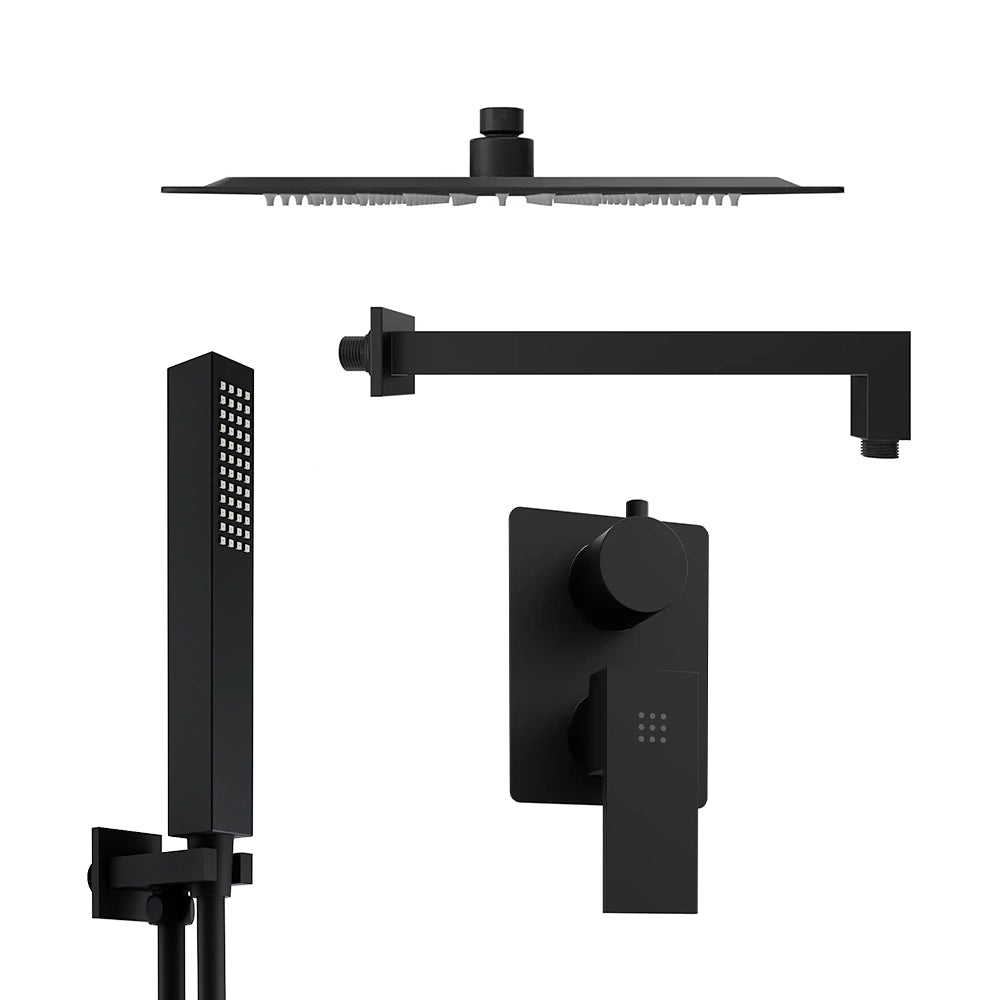 Set doccia squadrato nero opaco - Miscelatore incasso 2 vie, braccio 40cm, soffione slim 30x30cm e doccino